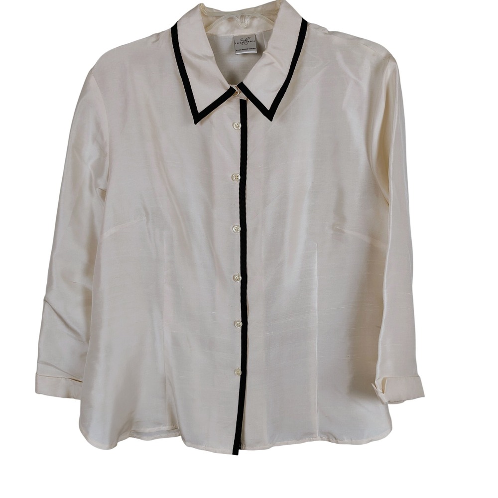Womens SZ 14 Emma James Silk Blouse Cream Black Contrast Trim Old Money Chic